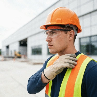 Construction worker wearing hard hat, safety glasses, and gloves on a construction site