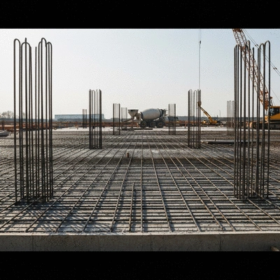 Industrial concrete slab under construction, showing rebar and heavy machinery
