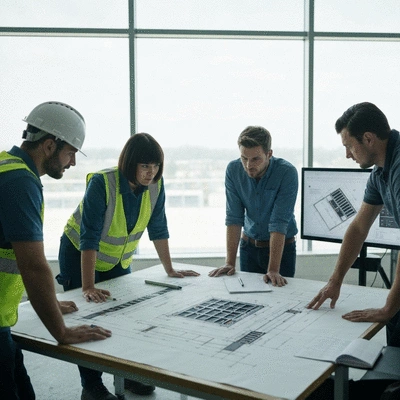 Construction team collaborating on a digital blueprint on a large screen, showing aluminum formwork plans