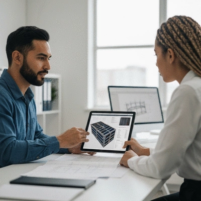 Engineers reviewing blueprints and structural load calculations for aluminum formwork