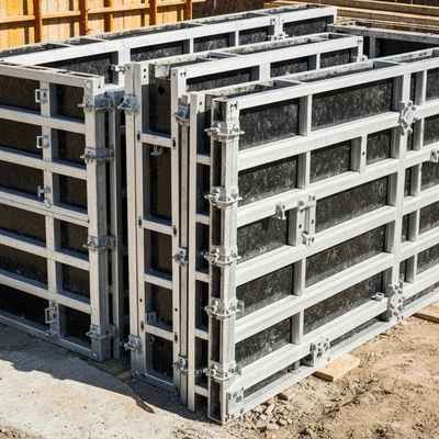 Detailed close-up of aluminum formwork system components on a construction site, clean and modern, no text, no words, no typography, 8K