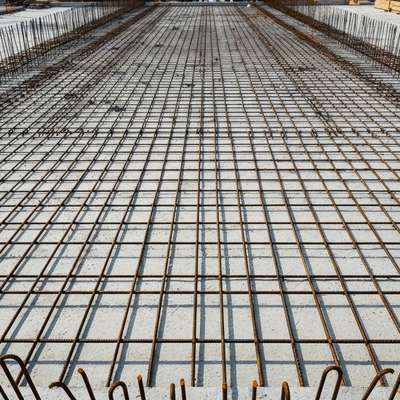 Industrial concrete slab with steel rebar reinforcement visible