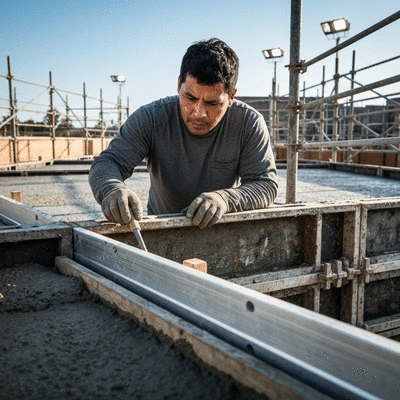 Construction worker inspecting freshly poured concrete slab with aluminum formwork