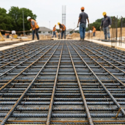 Close-up view of steel rebar being laid out on a construction site for a concrete slab, with construction workers in the background, no text, no words, no typography, 8K