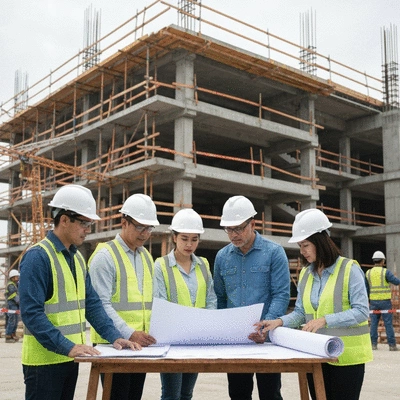 Engineers reviewing blueprints with a background of a resilient building structure
