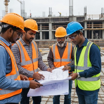 Construction workers reviewing blueprints and a checklist for formwork accessory procurement on a construction site, professional photography, no text, no words, no typography, no labels, clean image