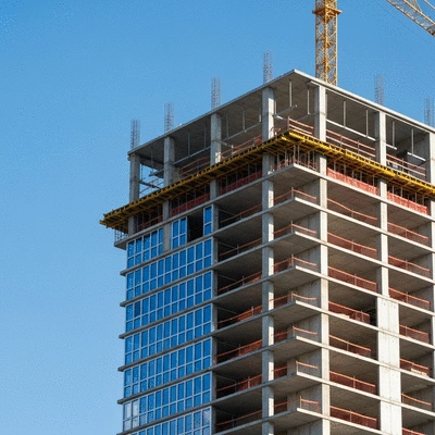 Modern high-rise building under construction with aluminum formwork visible