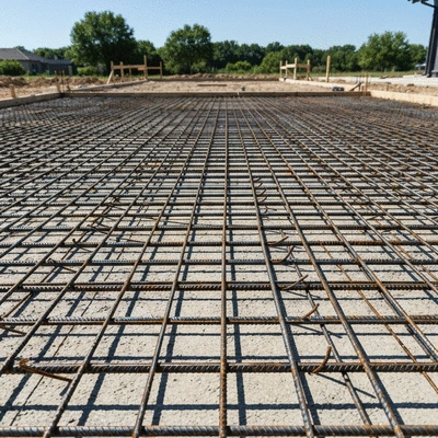 Steel rebar or wire mesh reinforcement for a concrete patio slab, clean image