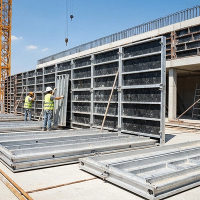 Detailed shot of aluminum formwork panels being assembled on a construction site