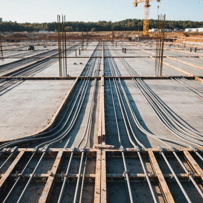 Construction worker inspecting post-tensioning tendons in a concrete slab before pouring, clean image