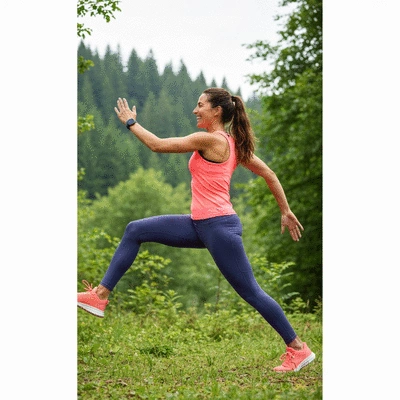 Person wearing a smartwatch, smiling, outdoors, possibly hiking or doing yoga