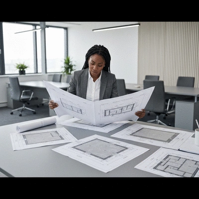 Architect reviewing different concrete slab types on a blueprint