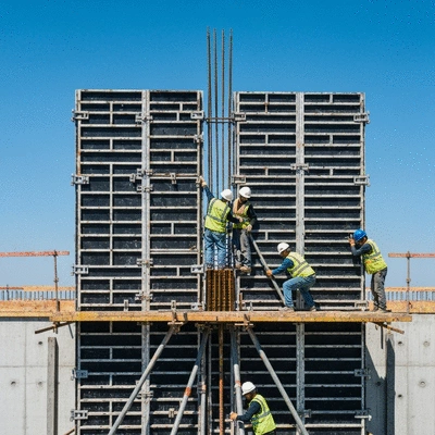 Construction workers installing aluminum slab formwork on a high-rise building project