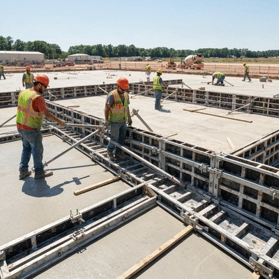 Construction workers assembling aluminum formwork on a concrete slab construction site