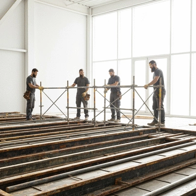 Construction workers installing temporary support systems for a concrete slab