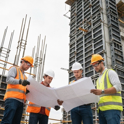 Engineers and construction workers reviewing blueprints on a high-rise construction site, with aluminum formwork visible, no text, no words, no typography, clean image, 8K