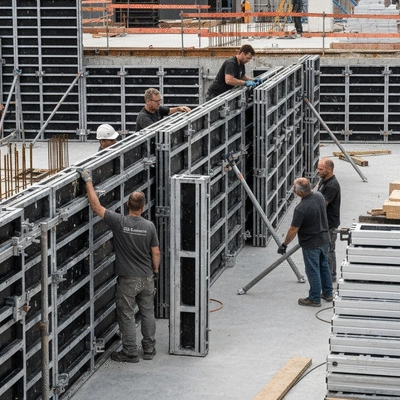 Construction workers installing modular aluminum formwork on a building site, with a focus on ease of assembly and lightweight panels