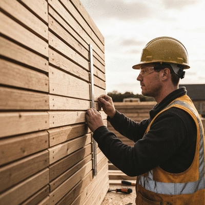 Worker inspecting aluminum formwork panel on a construction site