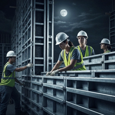 Construction workers assembling aluminum formwork on a building site, emphasizing safety and teamwork