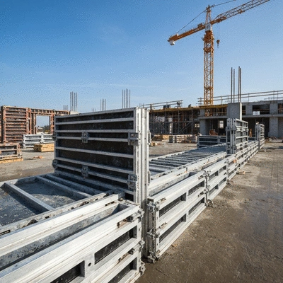 Modern construction site with aluminum formwork in place, emphasizing lightweight and quick assembly