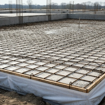 Detailed view of a concrete slab foundation being poured, showing rebar reinforcement and a vapor barrier, under natural lighting, no text, no words, no typography, clean image