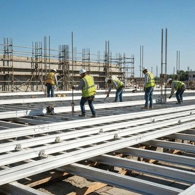Construction site with modular aluminum slab supports in use, showing workers collaborating safely and efficiently