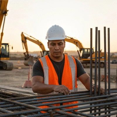 Construction worker inspecting rebar installation on a job site