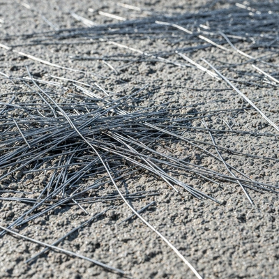 Close-up of steel fibers mixed into wet concrete for SFRC