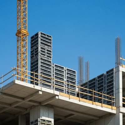 Modern high-rise building construction site with aluminum formwork, emphasizing precision and efficiency