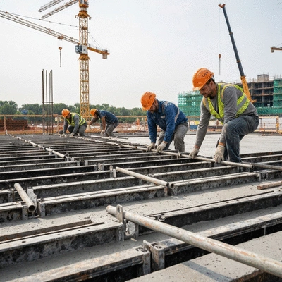 Construction workers performing a routine inspection of aluminum formwork on a concrete slab
