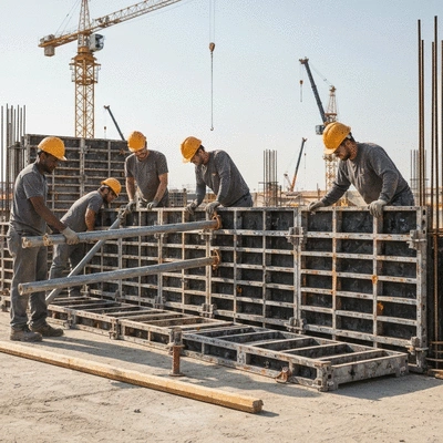 Construction workers assembling aluminum formwork with precision, demonstrating teamwork and efficiency on a construction site, daylight, no text, no words, no typography, 8K, clean image