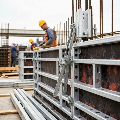 Detailed close-up of aluminum formwork accessories being assembled on a construction site, showing clamps, ties, and support elements, with workers in the background, professional photography, no text, no words, no typography, no labels, clean image