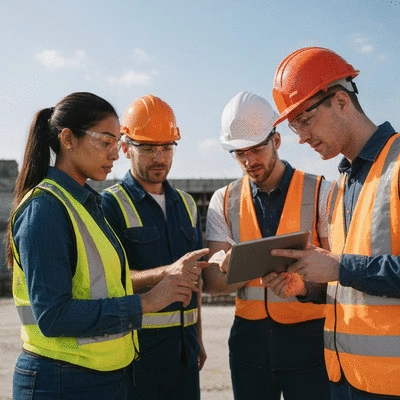 Team of engineers analyzing load testing data on a tablet at a construction site