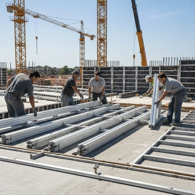 Modern construction site using aluminum formwork system, with workers efficiently assembling sections