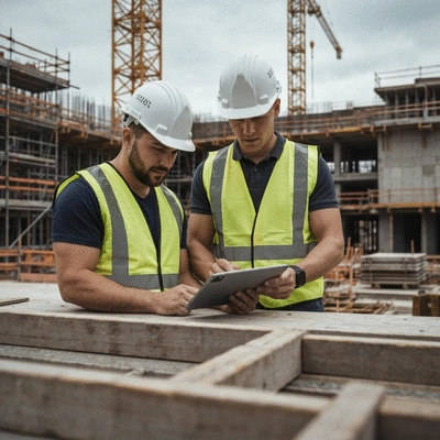 Construction workers reviewing safety documents on site