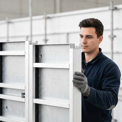 Close-up of an aluminum formwork panel being handled by a construction worker, focus on the lightweight and durable material, bright professional setting, no text, no words, no typography, 8K, clean image