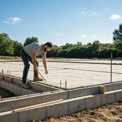 Contractor inspecting a home's concrete slab foundation, showing attention to detail, professional, no text, no words, no typography, 8K, natural lighting