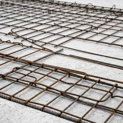 Close-up view of a concrete slab with visible rebar and fiber reinforcement