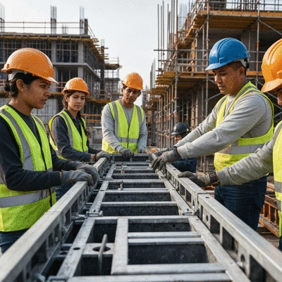Construction workers assembling aluminum formwork on a building site, wearing hard hats and safety vests, with a focus on teamwork and safety
