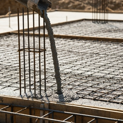 Close-up of a concrete slab foundation being poured, showing rebar reinforcement, construction site, no text, no words, no typography, 8K, natural lighting