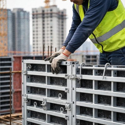Construction worker assembling aluminum formwork on a building site