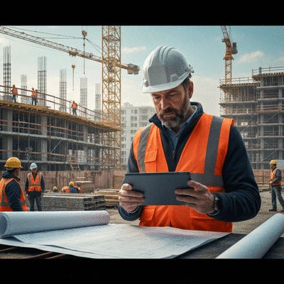 Construction project manager reviewing blueprints on a tablet at a construction site