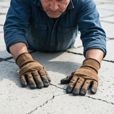Close-up of a construction worker inspecting a concrete foundation for cracks