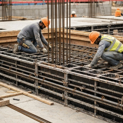 Close-up of workers installing waffle slab formwork and rebar, focus on construction detail