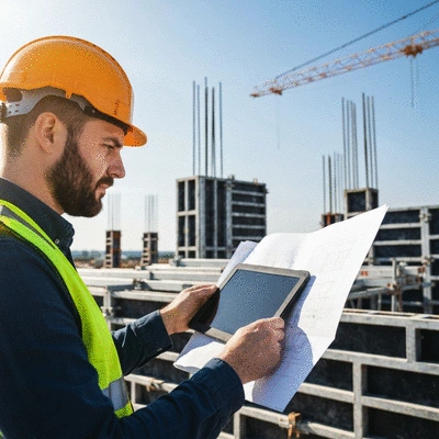 Engineer reviewing formwork plans on a construction site