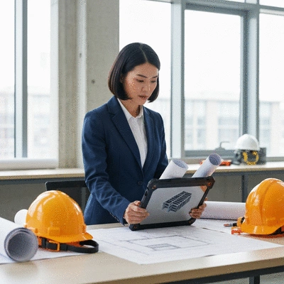 Engineer reviewing blueprints and 3D models of aluminum formwork on a tablet
