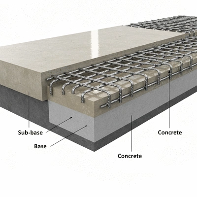 Detailed cross-section of a structural concrete slab showing reinforcement bars and various layers