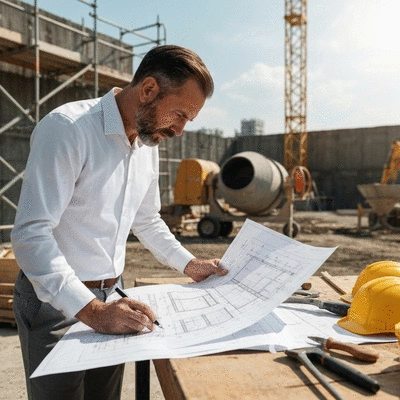 Architect reviewing blueprints for a concrete slab design on a construction site