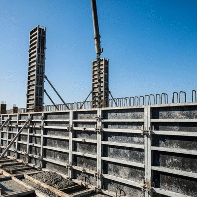 Construction site with modular aluminum formwork in place, showing optimized load distribution