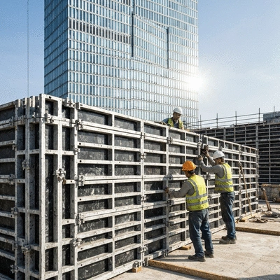 Construction workers assembling aluminum formwork on a building site